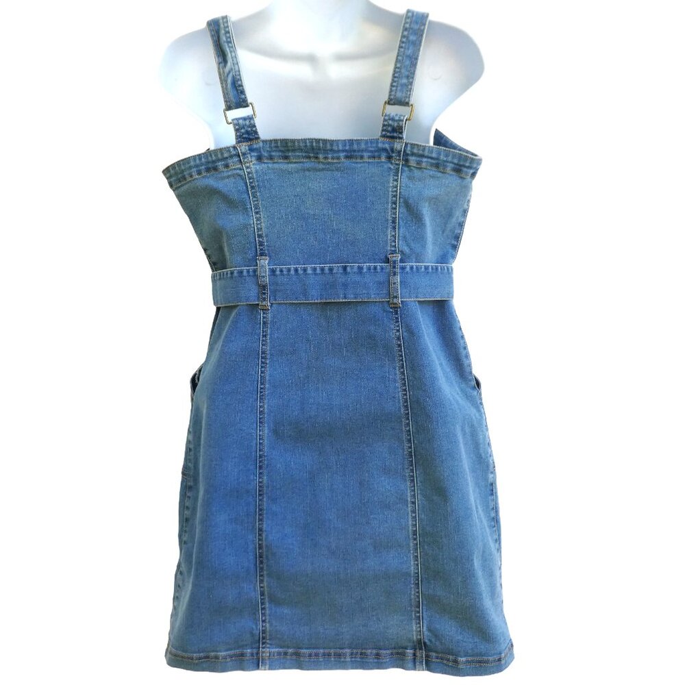 Vintage 90s Y2K Stretchy Denim Tank Dress Square Neck Full Button Belt Pockets - Picture 2 of 6